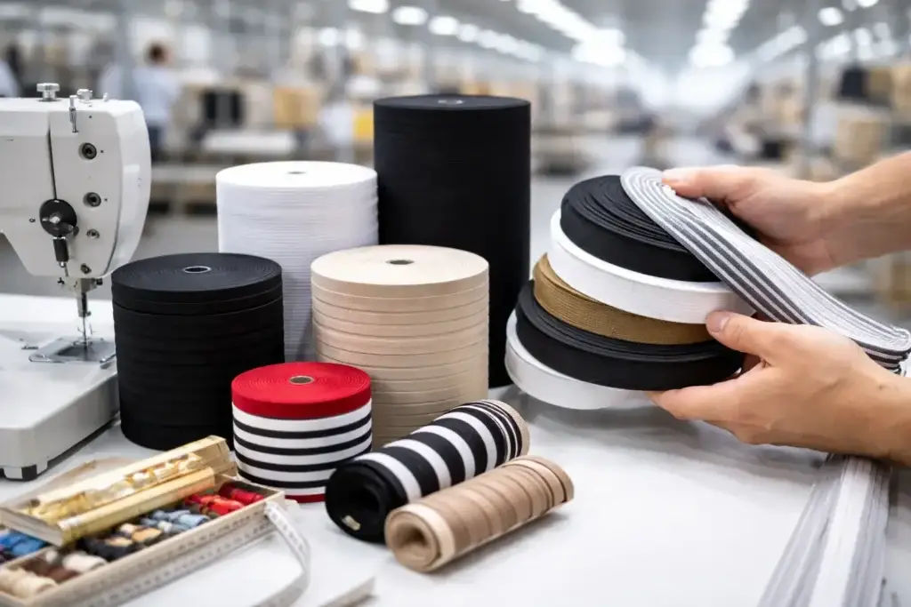Close-up of elastic materials being carefully examined in a textile factory setting, showcasing their texture and quality for garment production.