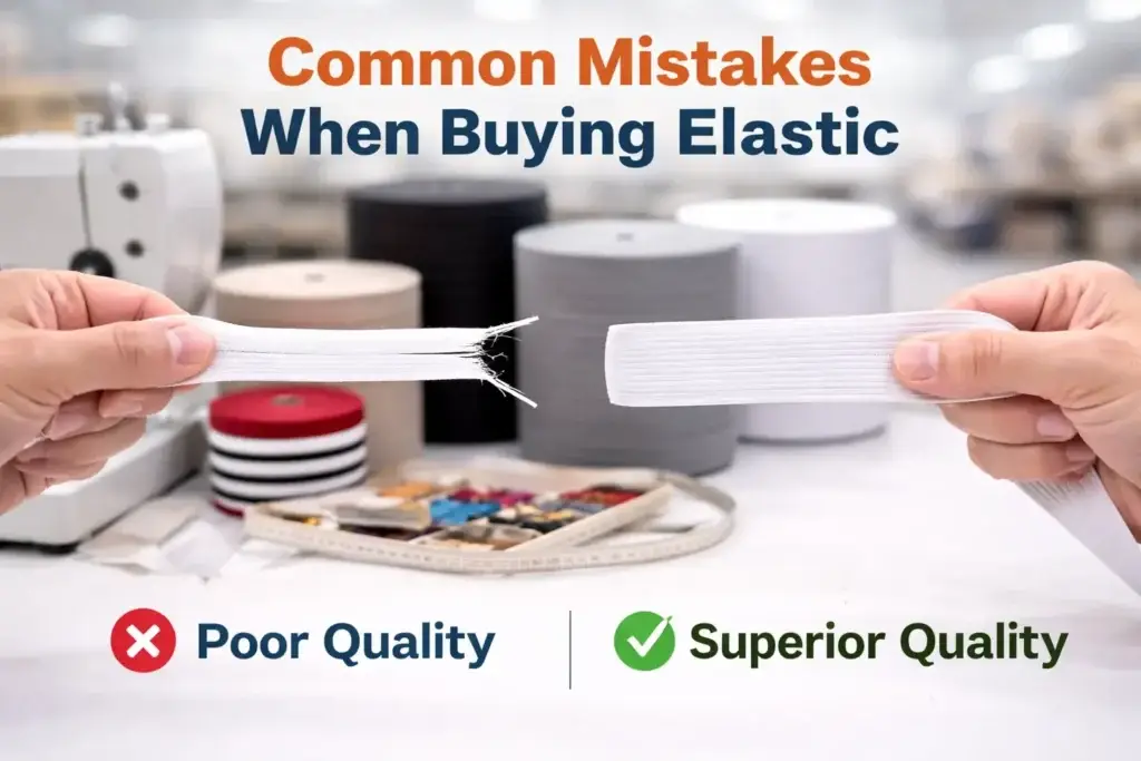 Visual comparison showing common mistakes when buying elastic: the left side displays poor-quality elastic that is frayed and damaged, while the right side showcases superior-quality elastic that is intact and durable. The image highlights the importance of choosing high-quality elastic for garment production.
