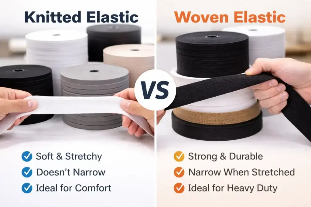 Side-by-side comparison of knitted and woven elastic, highlighting their differences in texture, strength, and use cases. Knitted elastic is soft and stretchy, ideal for comfort, while woven elastic is strong and durable, perfect for heavy-duty applications.